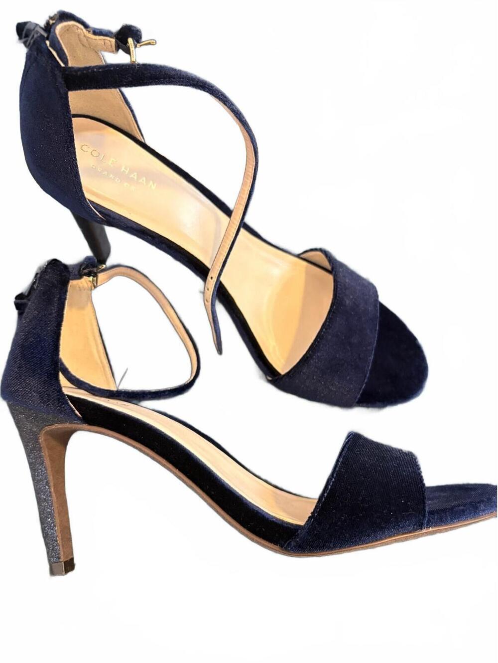 Vintage Cole Haan Women's Navy Blue Velvet Ankle Strap Glitter High Heel size 9